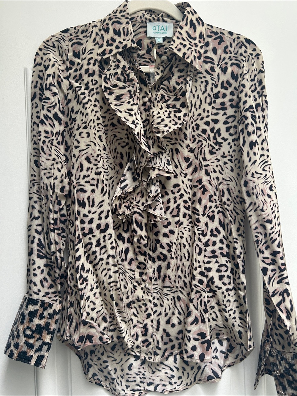 TAJ by Sabrina Crippa Beige and Black Leopard Ruffle Button-Down Blouse